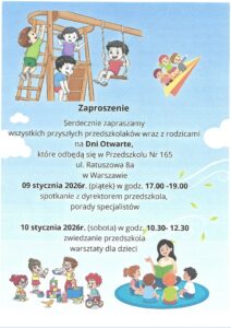 zaproszenie na dni otwarte 09.01 26 r.  i 10.01.26 r.dla rodziców i dzieci ubiegających się do przedszkola na rok szkolny 2026/27